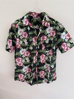 Tony Hawk Black Short-Sleeve Floral Camp Shirt with Pink & White Blooms